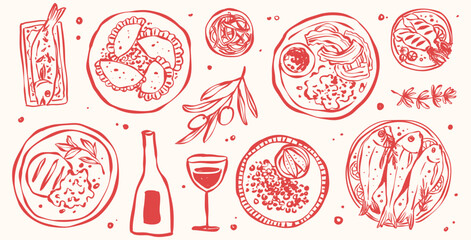 Set of Hand Drawn Foods Doodle Mediterranean Matisse Whimsical Italian Food and Drink, Summer Tropical and Sea Food Line Drawing Vector