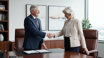 Senior business professionals shaking hands in a modern office. Successful job interview and partnership agreement. Corporate deal and collaboration concept - Powered by Adobe