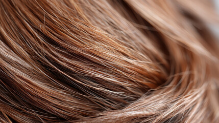 Shiny, smooth, and healthy hair strands showcase rich brown color with subtle highlights. texture appears soft and well maintained, reflecting light beautifully