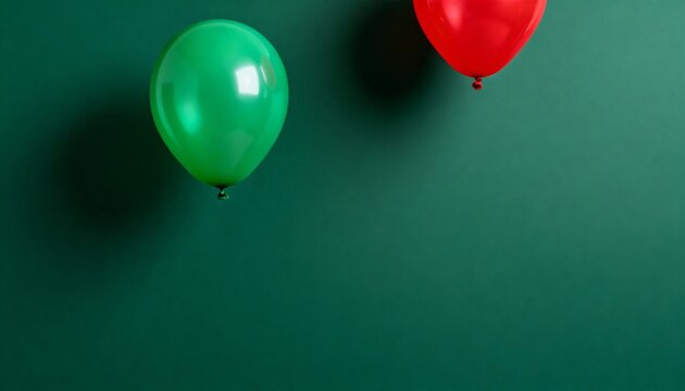 Minimalist celebration background with green and red balloons on a luxe hunter green backdrop with copy space