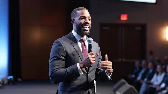 A professional African American man speaking at a business conference. A male presenter with a microphone gives a speech on stage. Corporate leadership and public speaking concept
