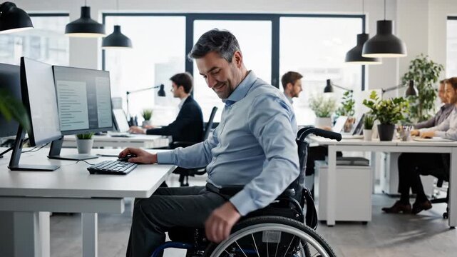A smiling man with a disability in a wheelchair working on a computer in a modern office. An inclusive corporate environment promoting diversity and accessibility. Equal opportunity in the workplace