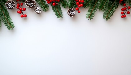 White background Christmas with branches hanging from the top with decorations