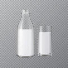 Mockup of an open glass bottle with a glass filled with milk.