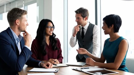 Diverse business team laughing during a meeting in a modern office. Colleagues collaborating and sharing a positive moment. Teamwork and success concept - Powered by Adobe
