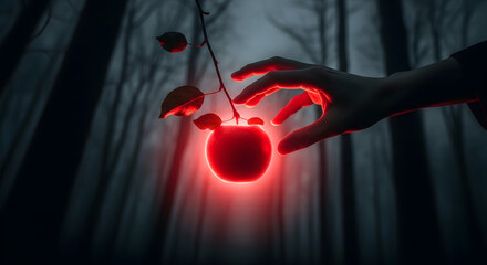 A hand reaches for a glowing red apple hanging from a branch in a dark forest setting at night