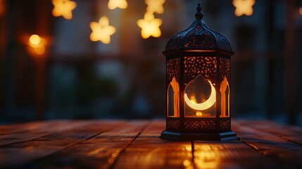 Eid-ul-adha celebration with arabic ramadan lantern on wooden table, crescent moon and star decorations, festive islamic holiday atmosphere