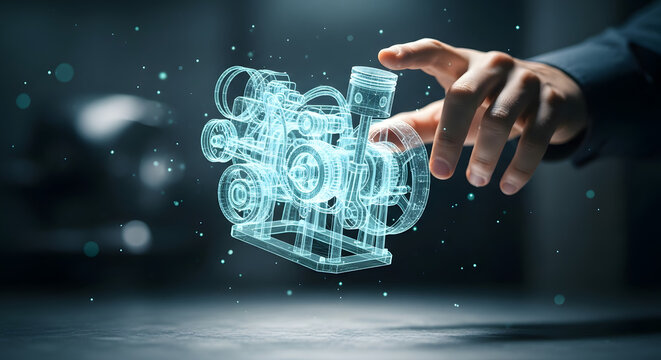 Hand interacting with a holographic engine model in a dark environment with floating particles