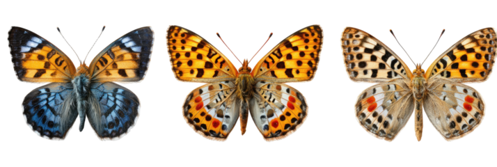 Three colorful butterflies displayed side by side