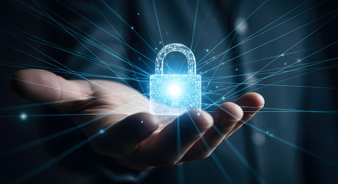 Digital padlock floating above open hand with glowing lines in a dark blue background scene viewed close