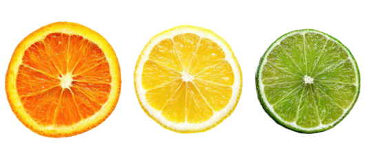 Three citrus fruit slices orange, lemon, and lime