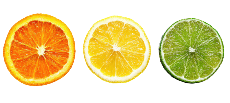 Three citrus fruit slices orange, lemon, and lime
