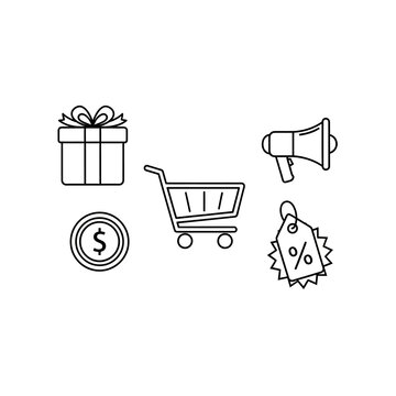 Shopping and commerce icons gift, coin, cart, megaphone, and discount tag