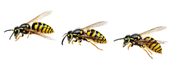 Three yellow and black striped insects on a black background
