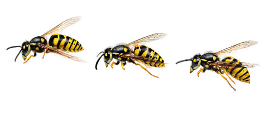 Three yellow and black striped insects on a black background