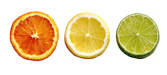 Obraz premium Three citrus fruit slices on black background