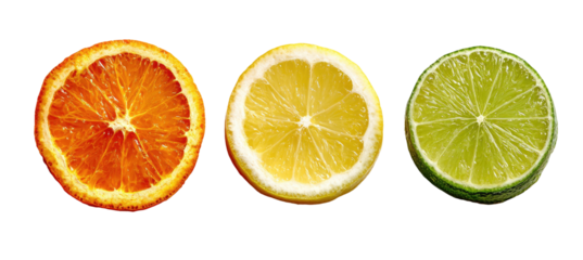 Three citrus fruit slices on black background