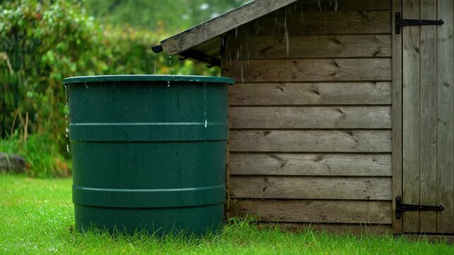 Green rain barrel collecting water in a garden during a downpour. Sustainable rainwater harvesting for eco-friendly living. Water conservation concept