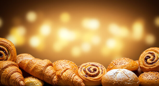 Fresh baked croissants and pastries on a blurred golden light background