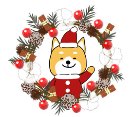 豪華なクリスマスリースと穴から手を振るしばいぬサンタ