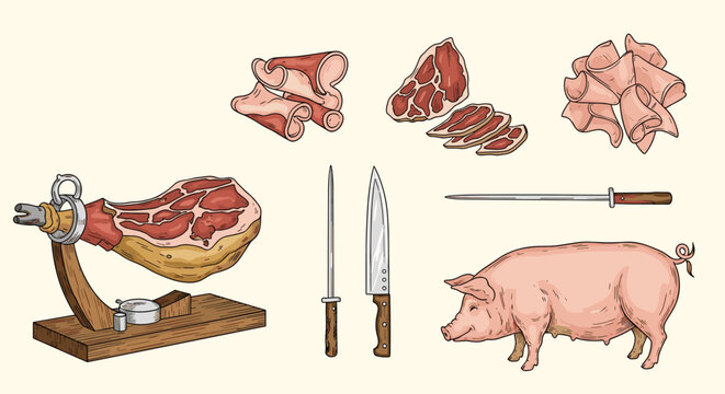 A diverse collection of pork products, featuring a cured ham on a stand, various meat cuts, a live pig, and butchering tools for preparation.