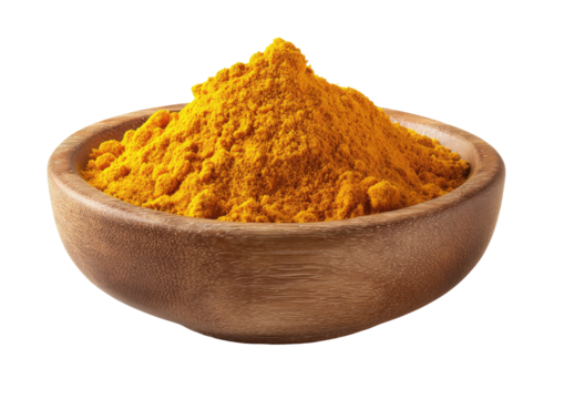 A wooden bowl filled with vibrant yellow powder