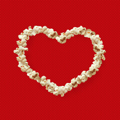 Popcorn heart on a red, isolated, transparent background, empty frame.