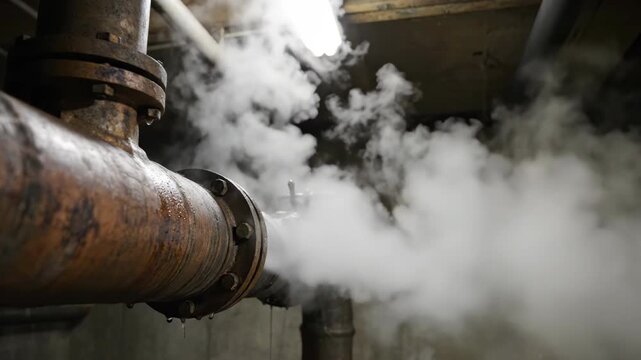 Steam escapes from a leaking rusty industrial pipe. High pressure vapor bursts from a broken joint in a boiler room. Infrastructure failure and maintenance concept
