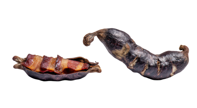 Dried, shriveled pods, one split revealing segmented contents