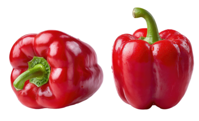Two vibrant red bell peppers, close-up, on a black background