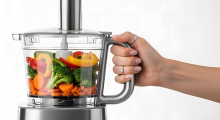 Hand operating a modern food processor filled with fresh, vibrant chopped vegetables including broccoli, carrots, and bell peppers on white