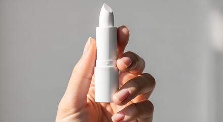 Hand holding a minimalist white lipstick tube against a clean, bright background, showcasing modern beauty product design and elegance
