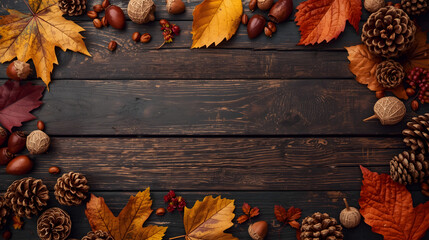 A rustic dark wooden background framed by vibrant autumn leaves, pinecones, acorns, and berries, perfect for fall season themes.
