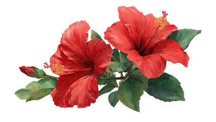 Two bright red tropical flowers with green leaves on black