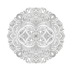 Intricate black and white mandala design with floral and geometric elements.
