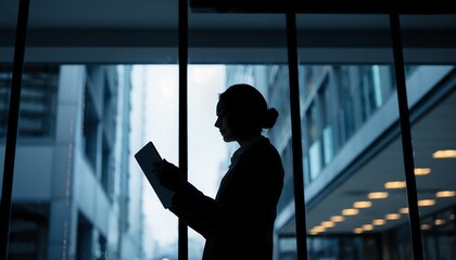 Focused businesswoman silhouette reviewing documents in a modern urban office