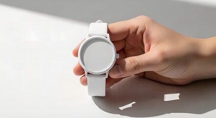 Minimalist white wristwatch held by a hand on a bright white background, clean modern design showcasing simplicity and elegance for product branding mockups