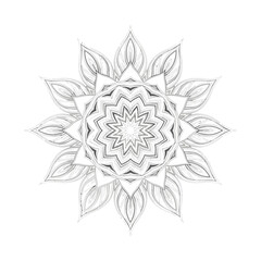 Intricate black and white mandala illustration with delicate symmetrical floral and star patterns, perfect for meditation or coloring.