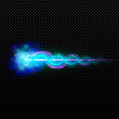 Gun shot with blue fire and smoke effect, weapon firing blast helix flame trail, vector realistic bullet shoot explosion