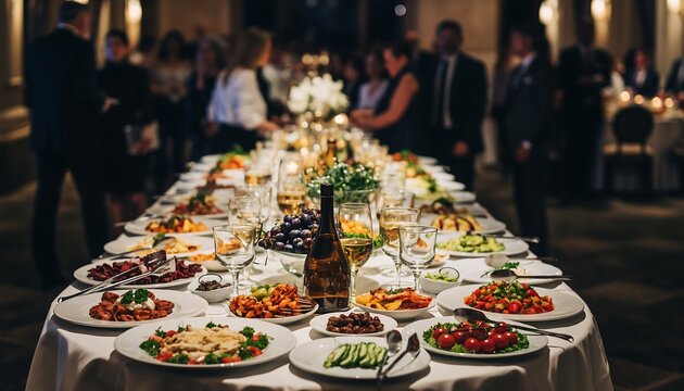 An elegant banquet table laden with delicious food and drinks, ready for a festive celebration. - Powered by Adobe