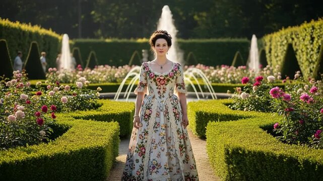 An elegant woman in a historical floral dress stands in a formal garden. Noble lady posing in front of a water fountain. Period drama and romance concept