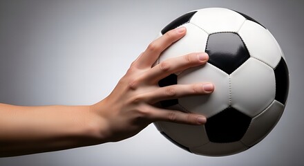 Close up of a person's hand firmly gripping a traditional black and white soccer ball, ready for a kick, game, or training.