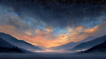 Naklejka premium Colorful pastel mountains rising above dreamy clouds under a sparkling starry night sky fantasy landscape background illustration