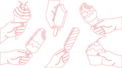 Obraz premium Outline Illustration Hands Holding Assorted Ice Cream Cones, Popsicles, and a Cupcake with a Cherry