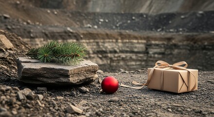 Rustic Christmas cheer with a gift, ornament, and pine branch against a quarry backdrop makes a unique and heartfelt holiday statement for any project