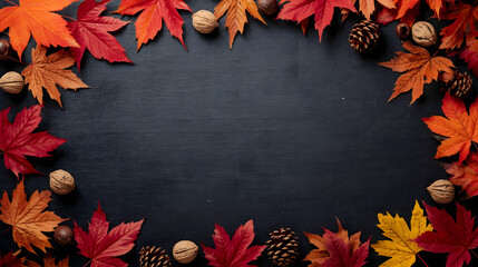 Autumn leaves, pine cones, and walnuts creating a vibrant fall border on a dark background, top-down view.