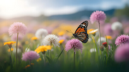 Naklejka premium Monarch butterfly illustration resting on a vibrant pink flower in a sunny spring meadow