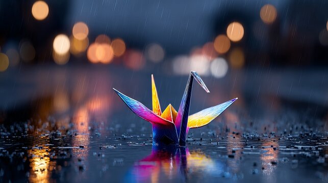 Colorful origami crane glowing under neon rain at night, cyberpunk paper bird art in moody futuristic city lights