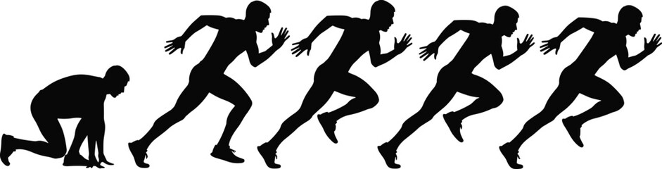 Runner starting sequence silhouette, showing rapid progress, speed, growth, career development, competition, business launch, and forward motion on white background