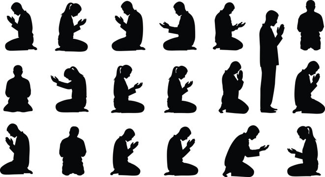 People praying silhouette collection, kneeling in worship, representing faith, spirituality, religion, hope, gratitude, meditation, and devotional practice on white background